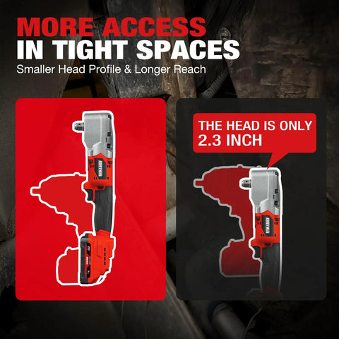 Compact 20V Brushless Right Angle Impact Wrench With Half Inch Square Drive Produces 207 Foot Pounds Max Torque designed for tight spaces with a 2.3 inch head.
