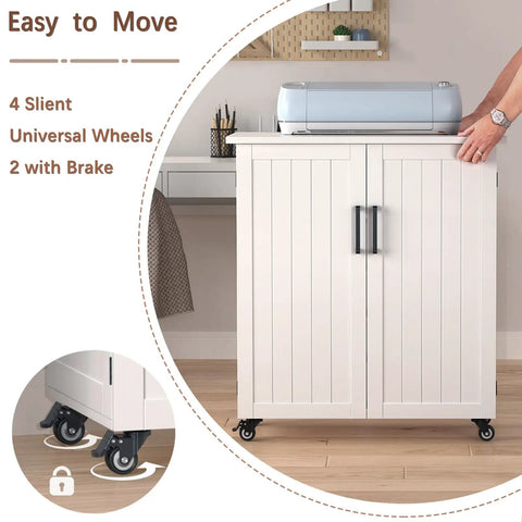 Front view of Rolling Craft Cart With Storage Cabinet And Drawers For Cricut Projects, mobile table with wheels and brake.