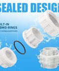 Exploded view of Three Quarter Inch PVC Union Couplings with EPDM O Rings showing detachable design for maintenance.