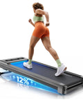 Heavy Duty Under Desk Walking Pad Treadmill With Auto Incline smooth glide motor, woman jogging on the sturdy long deck.