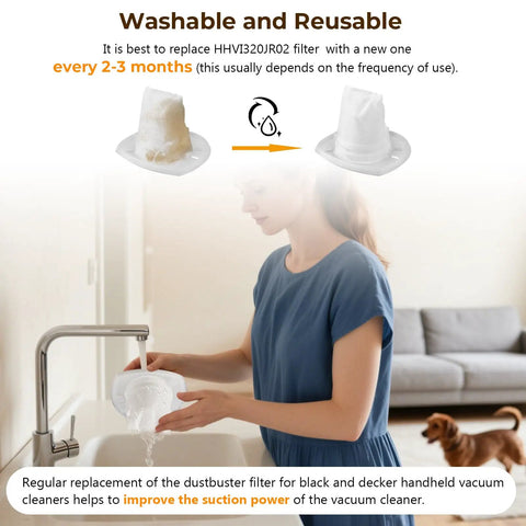 Woman washing 12 Pack VF110 Vacuum Filter Replacement For Black And Decker Handheld Vacuums No Fuss Design Easy Snap In Fit