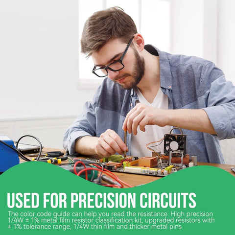 Man working with 2600 Piece 0.25W Resistors Assortment Kit With Through Hole Axial Leads 1 Ohm To 10 Mega Ohm, DIY Electronics Circuits
