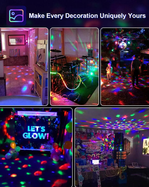 Various spaces lit with Sound Activated Party Lights With Remote DJ Lighting 7 Modes Rotating Disco Ball creating colorful patterns.