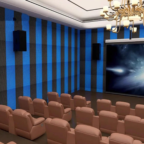 7cm Self-Adhesive Acoustic Foam Panel, High-Density Sound Absorbing Wall Padding, 1 x 50m for Recording Studio, Office & Home Theater, Blue on theater walls.