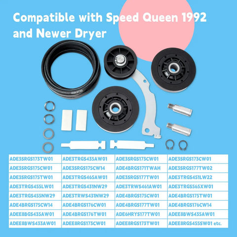 Speed Queen Dryer Rebuild Kit All In One With Roller Set RB170002, Idler Pulley D516792, Belt D511255P, Drum Glide Kit RB170003