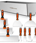 Set of scrapers with black and orange handles, includes nine tools in various shapes, displayed with metal THINKWORK box