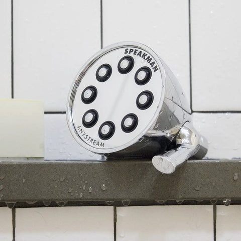 Chrome showerhead part of Brass Shower Trim Kit S2251E175 With Icon Compatibility, mounted on bathroom wall