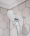 Chrome 2 In 1 Shower Head Combo With Magnetic Docking System And Detachable Handheld Spray in tiled bathroom corner