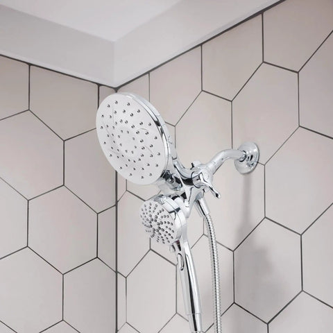 Chrome 2 In 1 Shower Head Combo With Magnetic Docking System And Detachable Handheld Spray in tiled bathroom corner