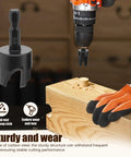 Top Notch Eight Piece Wood Plug Cutter Drill Bit Set Made From Tough Carbon Steel, 5/8 inch cutter in use on wood.