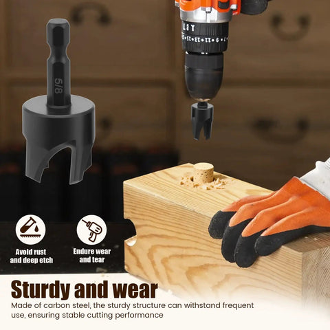 Top Notch Eight Piece Wood Plug Cutter Drill Bit Set Made From Tough Carbon Steel, 5/8 inch cutter in use on wood.
