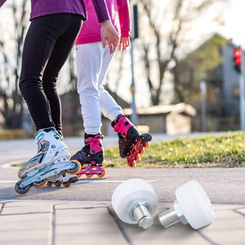 Quad Skate Toe Stoppers Set With Adjustable Height Brake And 82A Rubber for beginners, shown in use on outdoor skates.