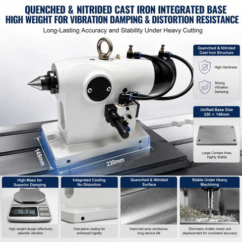Heavy Duty Pneumatic CNC Four Axis Telescopic Tailstock MT 4 Live Center with cast iron base, vibration damping, measures 230x148mm.