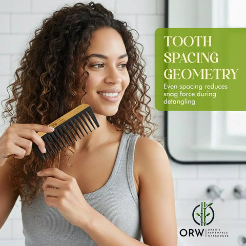 Wide Tooth Bamboo Detangling Comb for Curly Hair Smooth Easy Glide Snag Free Detangling Wet or Dry Hair Thick Coily Textured Styles Eco Friendly Durable Hair Care Tool, woman using comb