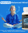 Lithium Orotate 10mg With Magnesium Taurate And L-Tryptophan For Brain Health bottle next to meditating person in blue clothing.