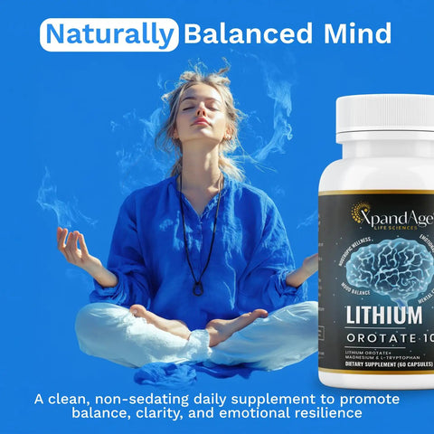 Lithium Orotate 10mg With Magnesium Taurate And L-Tryptophan For Brain Health bottle next to meditating person in blue clothing.