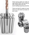 Pro Grade Heavy Duty 15 Piece ER20 Collet Set Ranging 1 To 13 mm In Metric Steel With 65Mn Spring Steel Construction Close-up