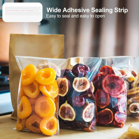Clear Self Sealing Cellophane Bags 5x7 Inches, 300 Pieces Durable Food Safe Treat Bags with dried fruit filling