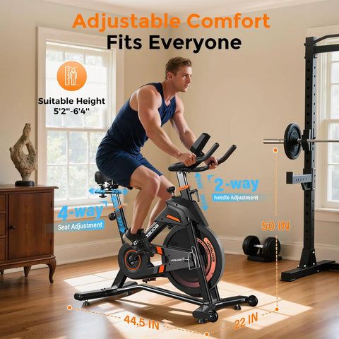 Man using Magnetic Indoor Exercise Bike With Exclusive App, adjustable seat and handlebars, for home studio cycling.