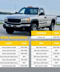 Chevy Silverado parked by a lake with a chart showing brake hose compatibility for Chevy, GMC Sierra, and Hummer H2 models.