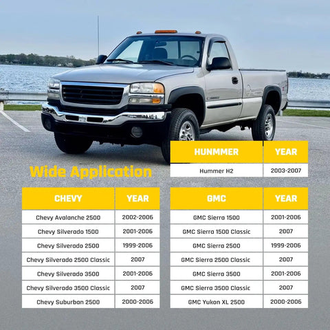 Chevy Silverado parked by a lake with a chart showing brake hose compatibility for Chevy, GMC Sierra, and Hummer H2 models.
