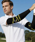 Top Shelf Sun Protection Compression Arm Sleeves Breathable Ice Silk Guards For Cycling Golf Basketball, worn by male golfer.