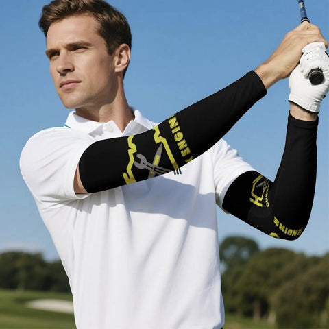 Top Shelf Sun Protection Compression Arm Sleeves Breathable Ice Silk Guards For Cycling Golf Basketball, worn by male golfer.