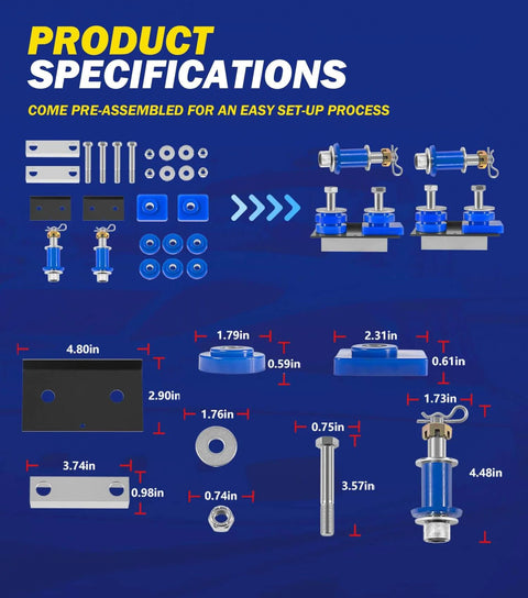 Hood Hinge Pivot Bolt Kit With Bushing And Mounting Bolts For 378 And 379 Hoods with specifications and parts in blue background