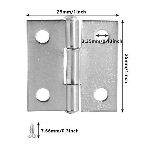 Piutouyar 1-inch stainless steel butt hinge with mounting screws, front view; 6-pack for cabinets, boxes, drawers