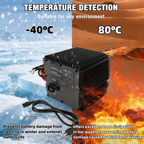 Jobsite Ready Hb600 24V 25A Scissor Lift Battery Charger Replacement For Genie Skyjack Jlg Lifts with temperature extremes shown.