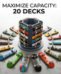 360 Degree Rotating Fingerboard Display Stand For 20 Decks And Accessories Heavy Duty Desktop Organizer shown with 20 decks
