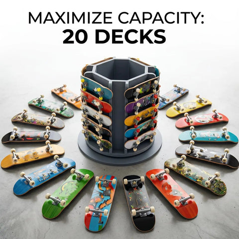 360 Degree Rotating Fingerboard Display Stand For 20 Decks And Accessories Heavy Duty Desktop Organizer shown with 20 decks