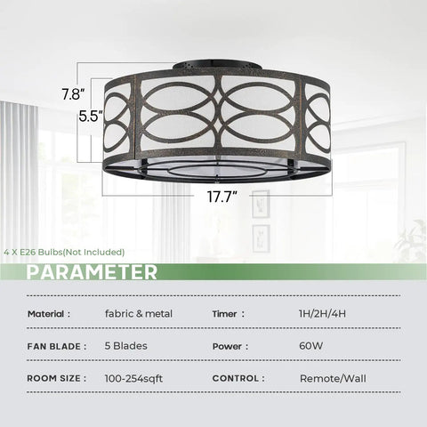 akiuzna Boho Caged Ceiling Fan with Light and Remote, Low Profile Fandelier dimensions with fabric and metal design.