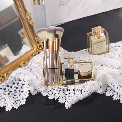 Gold Glass Business Card Holder With Pen And Pencil Tray Desktop Display Stand for Office Organization with makeup items on lace