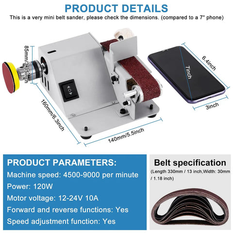 Straight Shooting Mini Electric Belt Sander With Built In Angle Gauge For Zero Sweat Knife Sharpening And Quick Wood Metal Stone Grinding Jobs Around The House, showcasing compact design and dimensions.