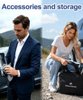 Man cleaning Portable Level 2 Electric Vehicle Charger 32 Amp and woman organizing cables in storage bag.