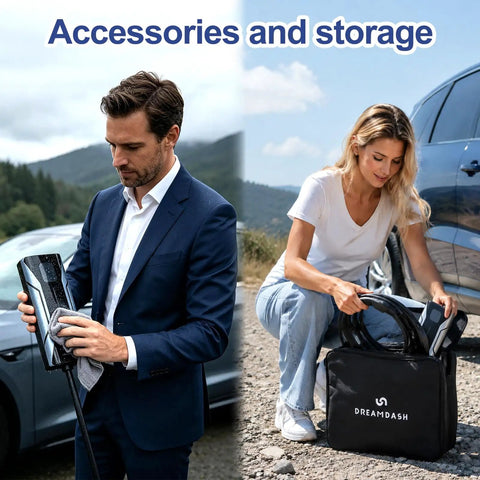 Man cleaning Portable Level 2 Electric Vehicle Charger 32 Amp and woman organizing cables in storage bag.