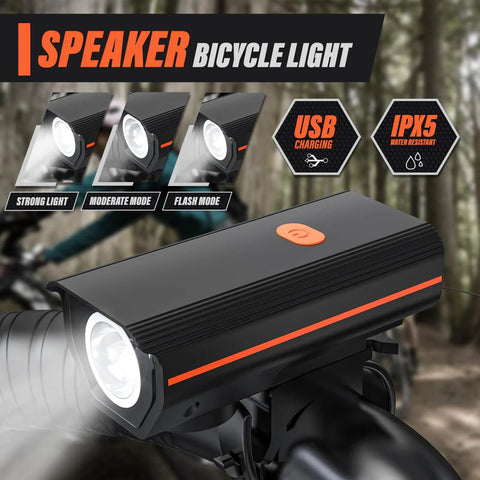 Rechargeable Bike Lights Bundle With Headlight And Taillight, Ultra Bright 250LM speaker light showing modes and USB IPX5 features