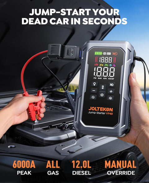 All In One Car Jump Starter With Air Compressor And Tire Inflator, close-up of device being used to jump-start a car