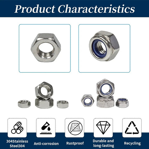 Top Shelf Hex Nuts Assortment Kit 276 Piece Metric Hardware Set In 304 Stainless Steel With Nylon Locknuts For Auto Repair, showing various hex nuts.