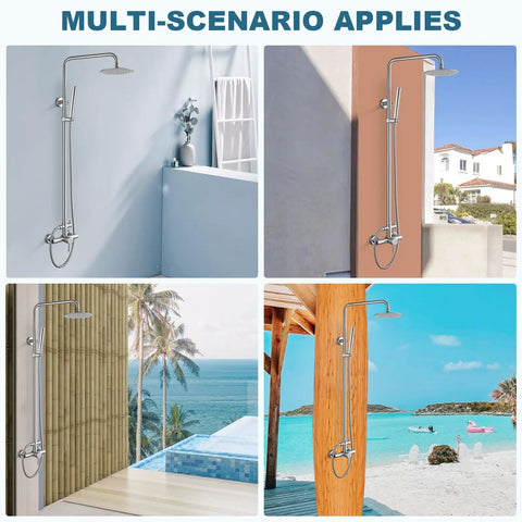 Outdoor Shower Fixture Set In Brushed Nickel With 8 Inch Rainfall Head, 2 In 1 Handheld Spray, Wall Mount Adjustable Slide Bar in four settings