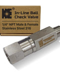 Side view of Cosmostar 1/4 in NPT stainless steel inline ball check valve, male x female, 316 SS