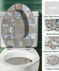 Elongated Resin Toilet Seat for Bathroom displayed over a white toilet, featuring a colorful shiny tile pattern and stainless steel hinges.