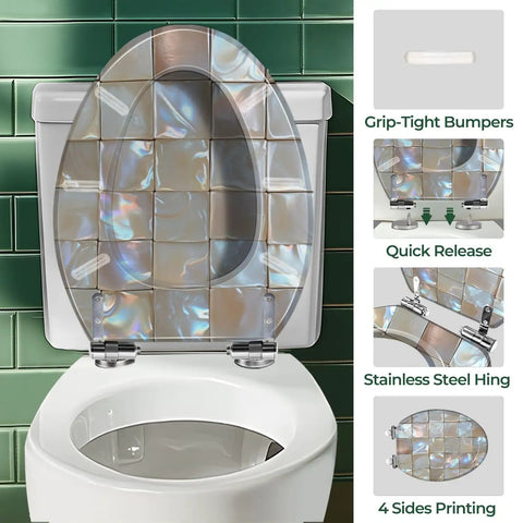 Elongated Resin Toilet Seat for Bathroom displayed over a white toilet, featuring a colorful shiny tile pattern and stainless steel hinges.