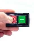 Hand holding Magnetic 120V On Off Switch with Push Button, red and green buttons for table saws, includes wiring diagram