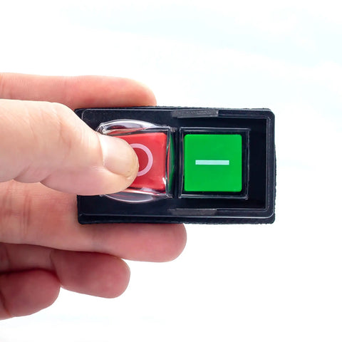 Hand holding Magnetic 120V On Off Switch with Push Button, red and green buttons for table saws, includes wiring diagram