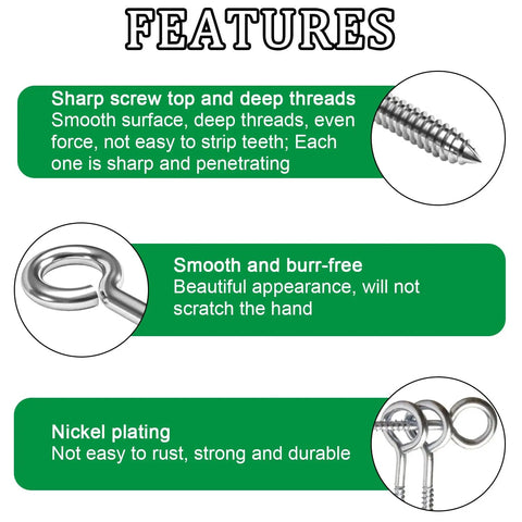 Features of Dang Solid 195 Piece Nickel Plated Eye Screw Assortment Kit with sharp threads and smooth finish