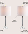 Clear Crystal Table Lamps Set Of 2 Measuring Nineteen Point Five Inches Tall With Chrome Glass Columns, Modern Glam Nightstand Lamps