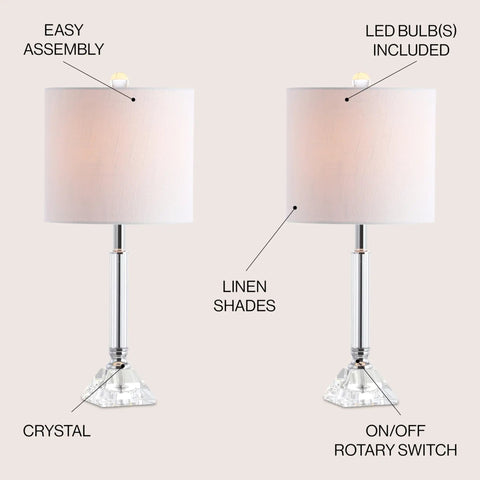 Clear Crystal Table Lamps Set Of 2 Measuring Nineteen Point Five Inches Tall With Chrome Glass Columns, Modern Glam Nightstand Lamps