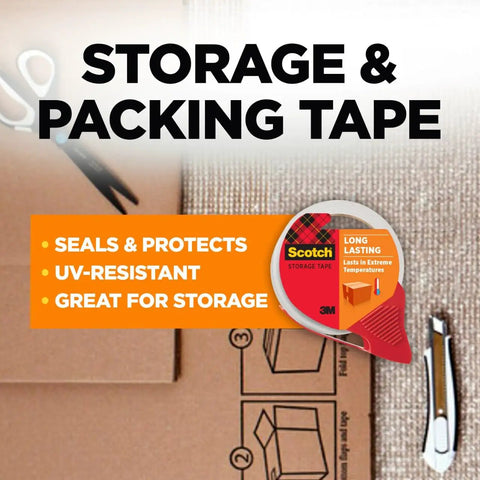 Heavy Duty Clear Packing Tape With Refillable Dispenser, Weather Tough And UV Resistant, shown with box and scissors